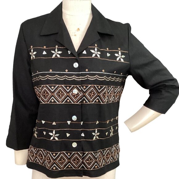 Alfred Dunner Linen Blend  Button Up Beaded Embroidered Petite Sz 10P Black 126K - Picture 2 of 7